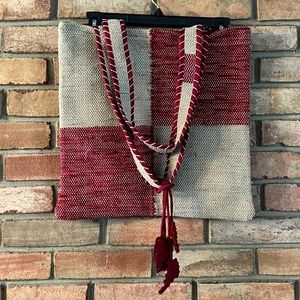NWT Spun by Welspun Threads with a Soul Red and Tan Square Tote Bag with Tassels
